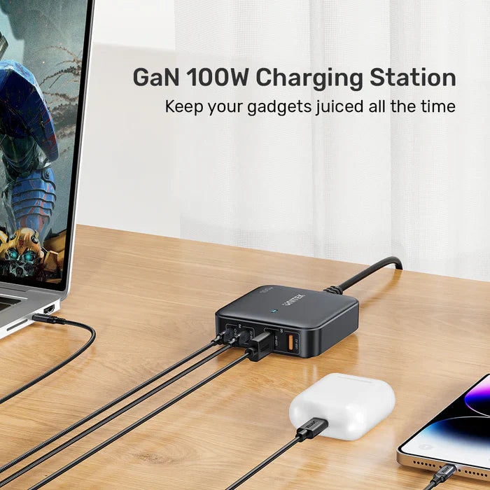 UNITEK 100W GaN Desktop Charger | 4-Port Fast Charging Station with Dual USB-C & USB-A | Multi Device Charging Hub with PD & QC Support