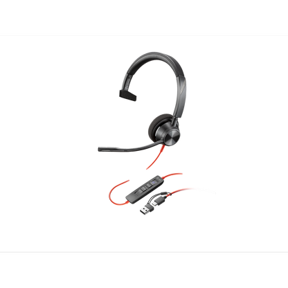 Poly Blackwire 3310 Mono USB-C Headset, Microsoft Teams Certified, Noise-Canceling Mic, Inline Controls, with USB-C/A Adapter