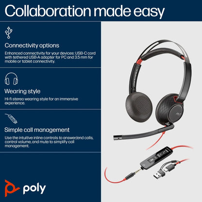 Poly Blackwire 5200 Series USB Wired Headset – Stereo or Mono, USB‑C/A + 3.5mm, Noise‑Cancelling Mic, Dynamic EQ, UC Certified