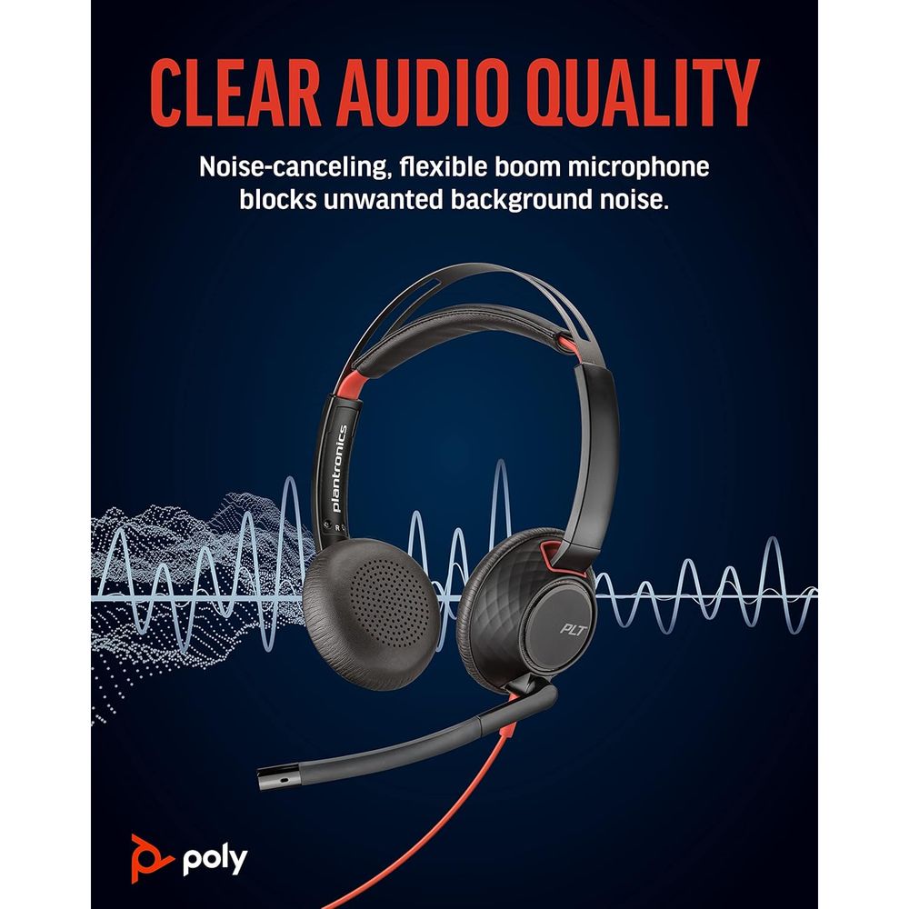 Poly Blackwire 5200 Series USB Wired Headset – Stereo or Mono, USB‑C/A + 3.5mm, Noise‑Cancelling Mic, Dynamic EQ, UC Certified