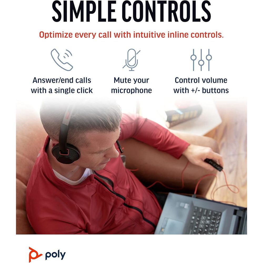 Poly Blackwire 5200 Series USB Wired Headset – Stereo or Mono, USB‑C/A + 3.5mm, Noise‑Cancelling Mic, Dynamic EQ, UC Certified