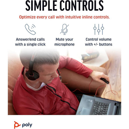 Poly Blackwire 5200 Series USB Wired Headset – Stereo or Mono, USB‑C/A + 3.5mm, Noise‑Cancelling Mic, Dynamic EQ, UC Certified