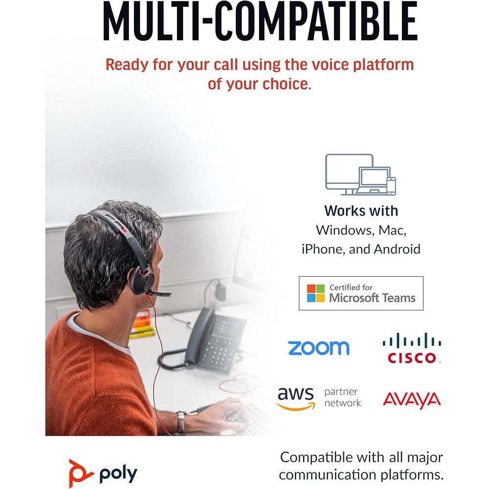 Poly Blackwire 5200 Series USB Wired Headset – Stereo or Mono, USB‑C/A + 3.5mm, Noise‑Cancelling Mic, Dynamic EQ, UC Certified