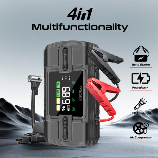 Promate PatrolPack-3 1200A/12V Jump Starter & 150PSI Air Compressor | 12000mAh Power Bank | QC 3.0 | DC Output | LED Flashlight | TPMS