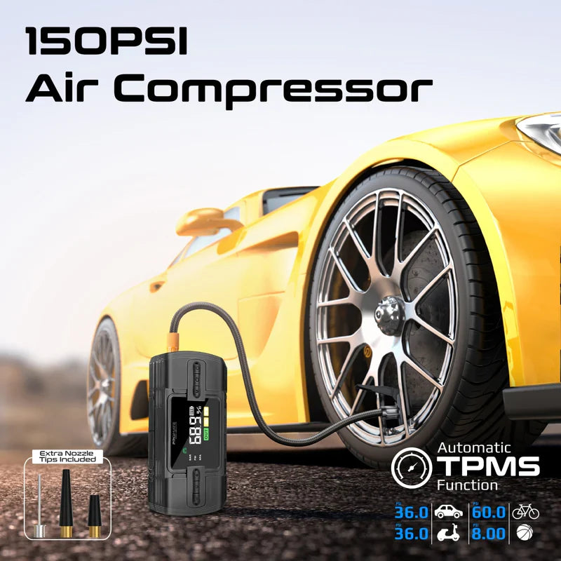 Promate PatrolPack-3 1200A/12V Jump Starter & 150PSI Air Compressor | 12000mAh Power Bank | QC 3.0 | DC Output | LED Flashlight | TPMS
