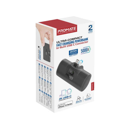 Promate Ultra-Compact Fast charging 5000mAh Power Bank with In-Built USB-C Connector