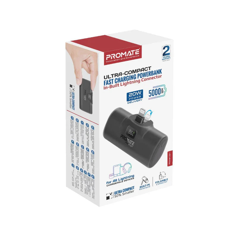 Promate Ultra-Compact fast charging 5000mAh Power Bank with In-Built Lightning Connector