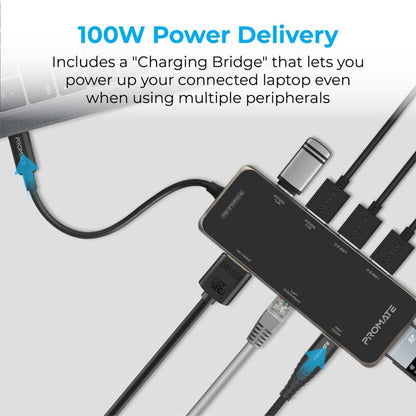 Promate PrimeHub-Go 9-in-1 USB-C Hub | 100W PD | 4K HDMI | Gigabit Ethernet | SD/TF | 4× USB