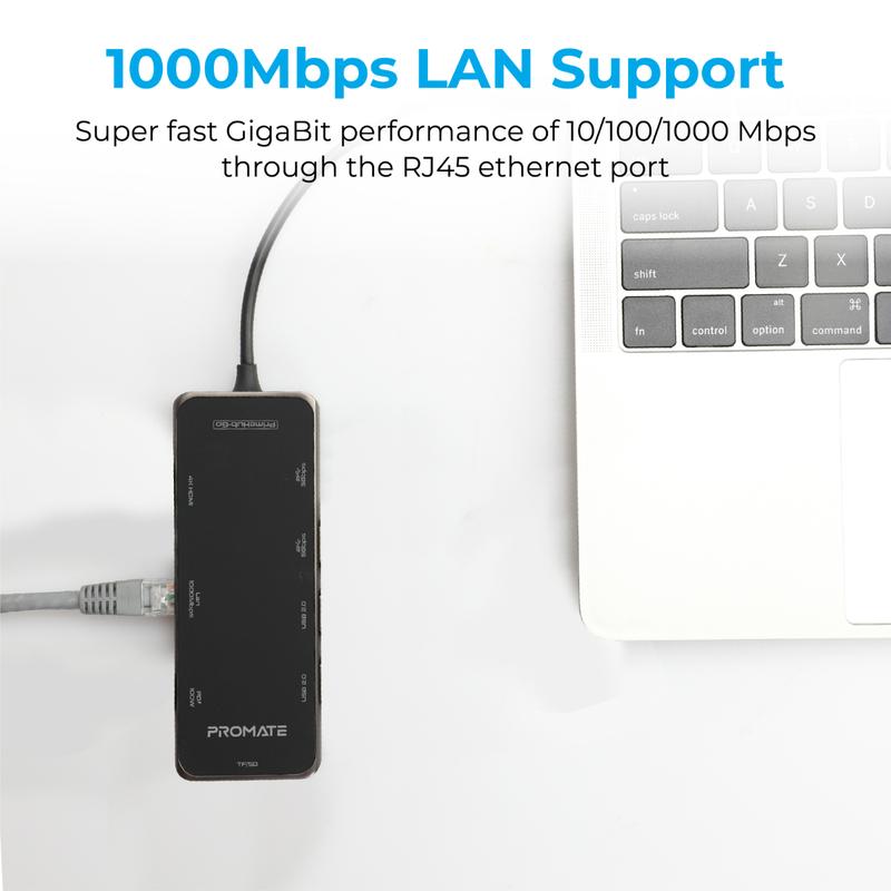 Promate PrimeHub-Go 9-in-1 USB-C Hub | 100W PD | 4K HDMI | Gigabit Ethernet | SD/TF | 4× USB