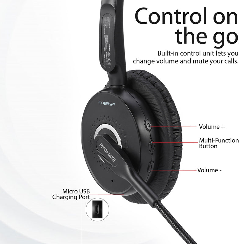 Promate Engage Over-Ear Mono Bluetooth Headset – HD Voice, Noise-Cancelling Mic, 14h Talk Time