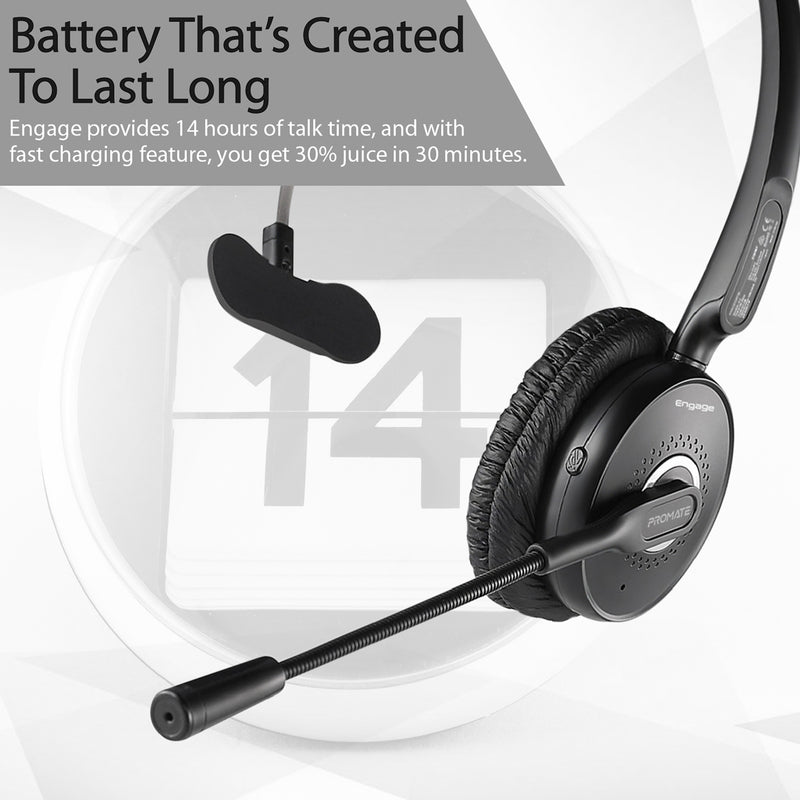 Promate Engage Over-Ear Mono Bluetooth Headset – HD Voice, Noise-Cancelling Mic, 14h Talk Time