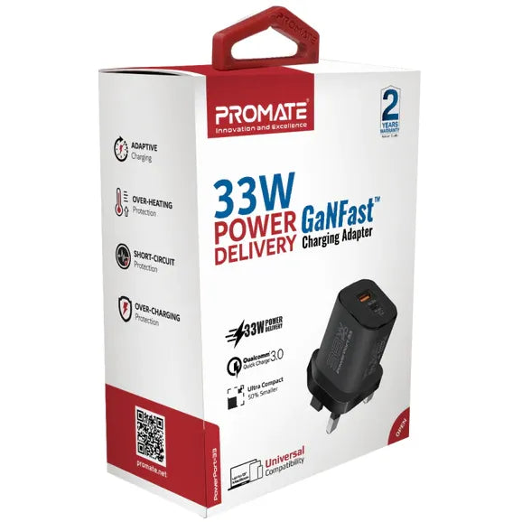 Promate 33W Power Delivery GaNFast Charging Adapter | PowerPort-33