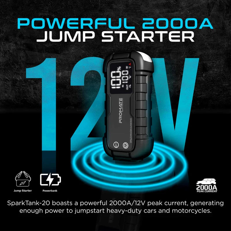 Promate SparkTank-20 | 2000A/12V Heavy Duty Car Jump Starter with 20000mAh Power Bank & 65W Power Delivery