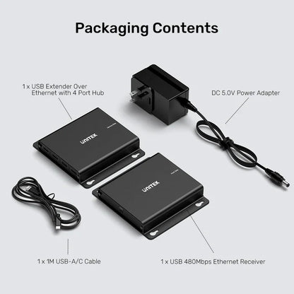 UNITEK 150 m USB Extender Over Ethernet with 4-Port USB Hub | Long-Range USB Signal Booster | Cat5e/6 Support | Plug-and-Play Expansion for USB Devices