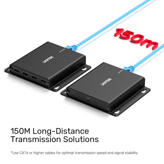 UNITEK 150 m USB Extender Over Ethernet with 4-Port USB Hub | Long-Range USB Signal Booster | Cat5e/6 Support | Plug-and-Play Expansion for USB Devices