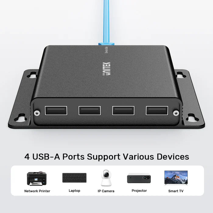 UNITEK 150 m USB Extender Over Ethernet with 4-Port USB Hub | Long-Range USB Signal Booster | Cat5e/6 Support | Plug-and-Play Expansion for USB Devices