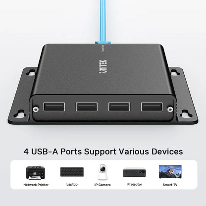 UNITEK 150 m USB Extender Over Ethernet with 4-Port USB Hub | Long-Range USB Signal Booster | Cat5e/6 Support | Plug-and-Play Expansion for USB Devices