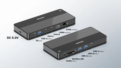 UNITEK USB-C 4K KVM Docking Station | 100W PD | 4K@60Hz HDMI | 10Gbps Data Transfer | Gigabit Ethernet | SD/MicroSD Reader | One-Button Switch for 2 Computers