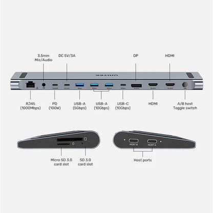 UNITEK UHB15 USB-C Triple 4K KVM Docking Station | Dual/Triple Monitor Support | USB Ports | Ethernet LAN | SD/TF Card Reader | 100W Power Delivery | KVM Switch Functionality