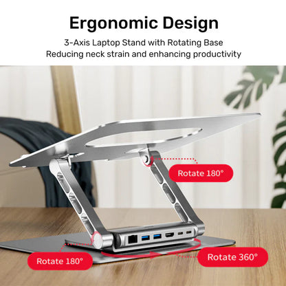 UNITEK Laptop Stand with Detachable USB-C Hub | Adjustable Ergonomic Laptop Holder with Integrated USB-C Hub (HDMI | USB Ports | SD/TF Card Reader | Ethernet)