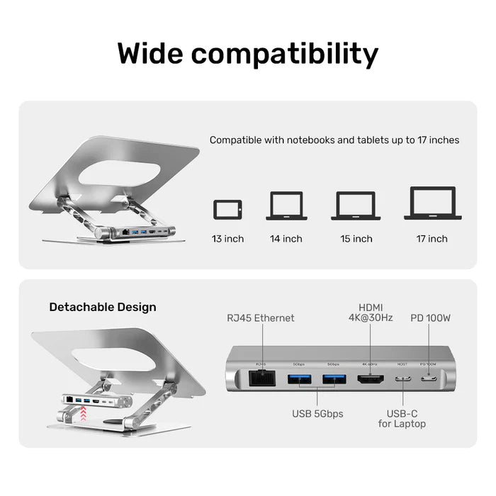 UNITEK Laptop Stand with Detachable USB-C Hub | Adjustable Ergonomic Laptop Holder with Integrated USB-C Hub (HDMI | USB Ports | SD/TF Card Reader | Ethernet)