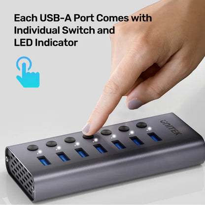 UNITEK 7-in-1 Individual Switches USB Hub | Multi-Port USB Expansion with On/Off Switches for Each Port | USB-A & USB-C Connectivity
