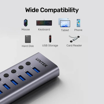 UNITEK 7-in-1 Individual Switches USB Hub | Multi-Port USB Expansion with On/Off Switches for Each Port | USB-A & USB-C Connectivity