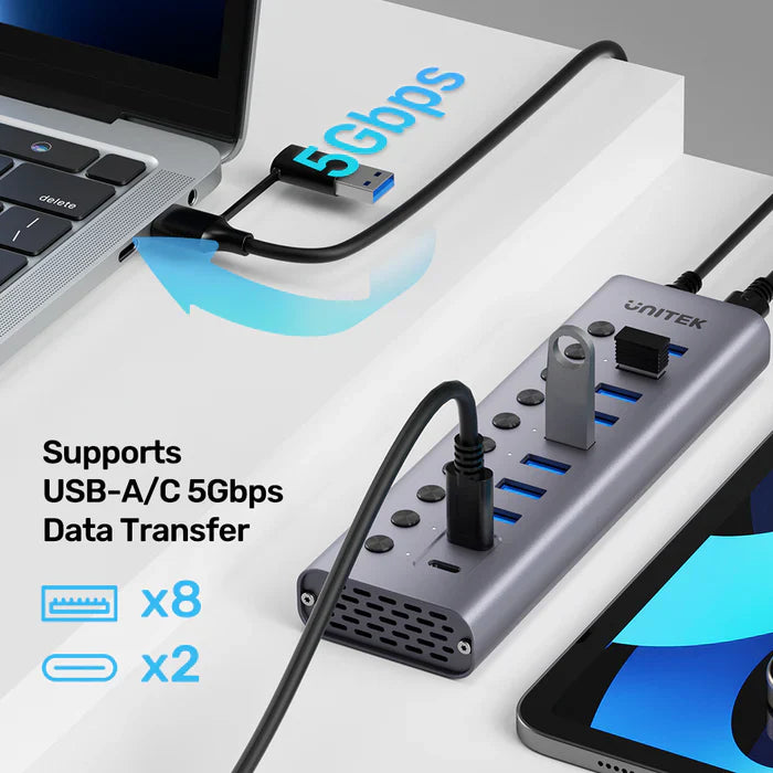 UNITEK 10-in-1 USB Hub with Individual Switches | Multi-Port USB Expansion with On/Off Control for Each Port | USB-A Connectivity | LED Indicators