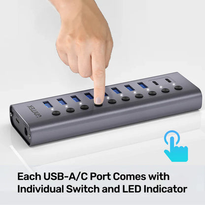 UNITEK 10-in-1 USB Hub with Individual Switches | Multi-Port USB Expansion with On/Off Control for Each Port | USB-A Connectivity | LED Indicators