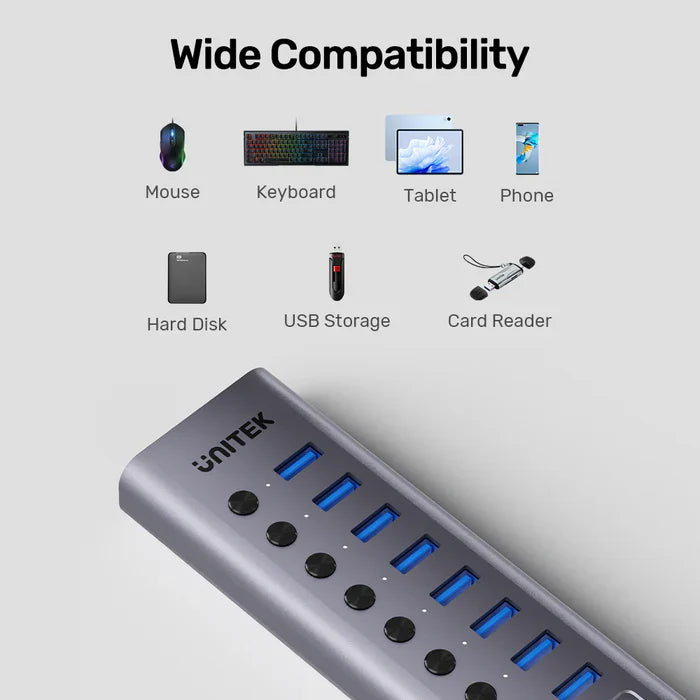 UNITEK 10-in-1 USB Hub with Individual Switches | Multi-Port USB Expansion with On/Off Control for Each Port | USB-A Connectivity | LED Indicators