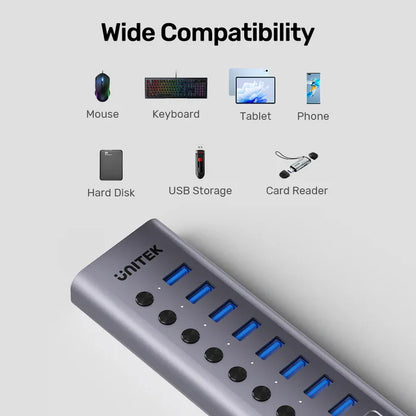 UNITEK 10-in-1 USB Hub with Individual Switches | Multi-Port USB Expansion with On/Off Control for Each Port | USB-A Connectivity | LED Indicators