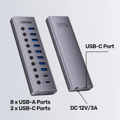 UNITEK 10-in-1 USB Hub with Individual Switches | Multi-Port USB Expansion with On/Off Control for Each Port | USB-A Connectivity | LED Indicators