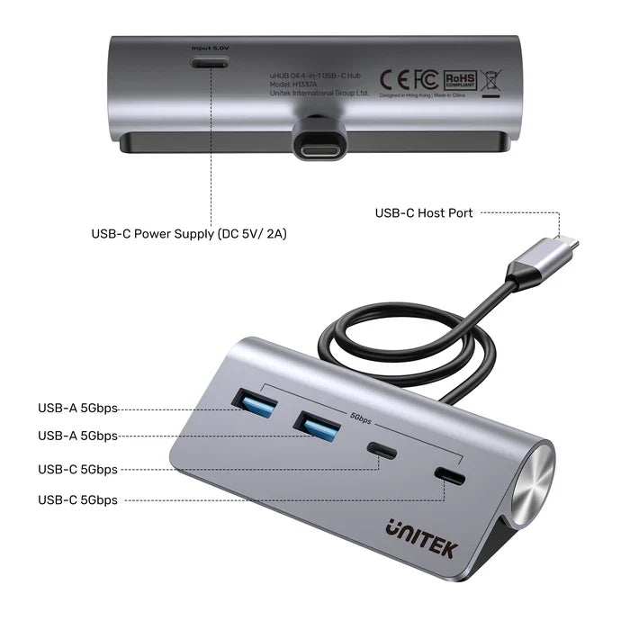 UNITEK uHUB Q4 USB-C Hub 4-in-1 | 10Gbps USB Data Transfer Hub with Aluminum Body | Plug & Play USB Expansion for Windows & macOS