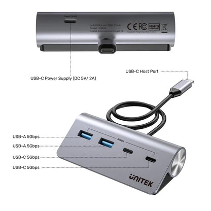UNITEK uHUB Q4 USB-C Hub 4-in-1 | 10Gbps USB Data Transfer Hub with Aluminum Body | Plug & Play USB Expansion for Windows & macOS