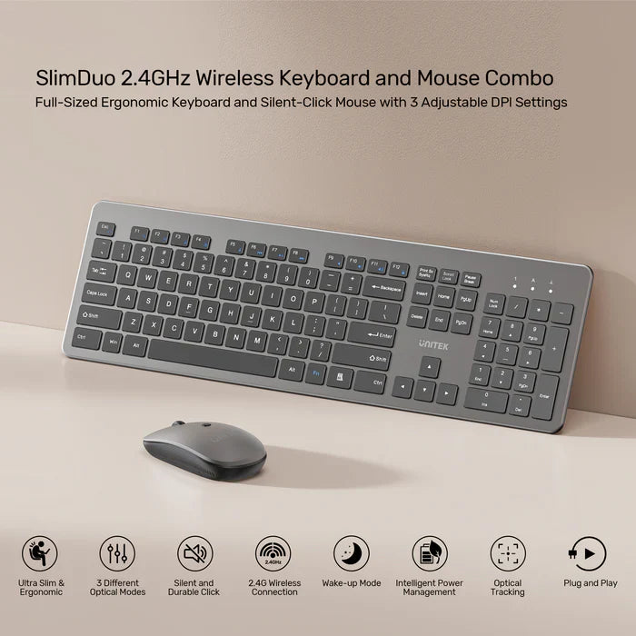 UNITEK SlimDuo Wireless Keyboard and Mouse Combo | 2.4GHz Full-Size Silent Keyboard & 1600 DPI Mouse | USB Plug & Play | Windows/Mac/Linux
