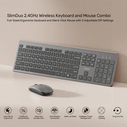 UNITEK SlimDuo Wireless Keyboard and Mouse Combo | 2.4GHz Full-Size Silent Keyboard & 1600 DPI Mouse | USB Plug & Play | Windows/Mac/Linux