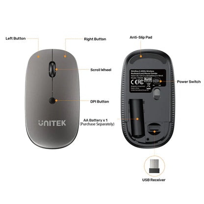 UNITEK SlimDuo Wireless Keyboard and Mouse Combo | 2.4GHz Full-Size Silent Keyboard & 1600 DPI Mouse | USB Plug & Play | Windows/Mac/Linux