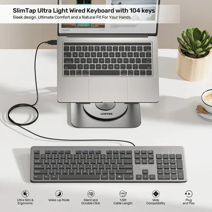 UNITEK SlimTap 104-Key Wired Keyboard | Ultra-Slim Full-Size Layout | Silent Typing | Ergonomic Raised Design | USB-A Connection | Space Gray