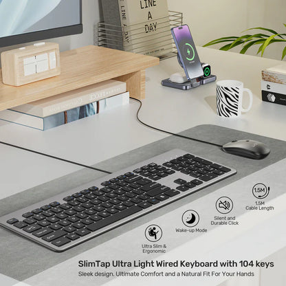 UNITEK SlimTap 104-Key Wired Keyboard | Ultra-Slim Full-Size Layout | Silent Typing | Ergonomic Raised Design | USB-A Connection | Space Gray
