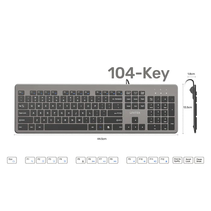 UNITEK SlimTap 104-Key Wired Keyboard | Ultra-Slim Full-Size Layout | Silent Typing | Ergonomic Raised Design | USB-A Connection | Space Gray