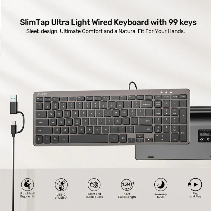 UNITEK Ultra Light Wired Keyboard | 99 Silent Keys | Low Profile Ergonomic Design | Plug and Play USB-C Keyboard with USB-A Adapter for Home | Office and Business Use
