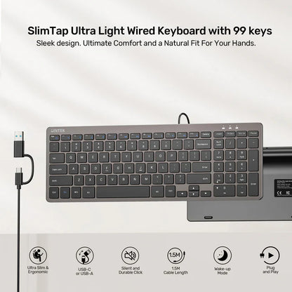 UNITEK Ultra Light Wired Keyboard | 99 Silent Keys | Low Profile Ergonomic Design | Plug and Play USB-C Keyboard with USB-A Adapter for Home | Office and Business Use