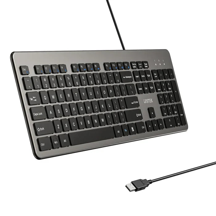 UNITEK SlimTap 104-Key Wired Keyboard | Ultra-Slim Full-Size Layout | Silent Typing | Ergonomic Raised Design | USB-A Connection | Space Gray