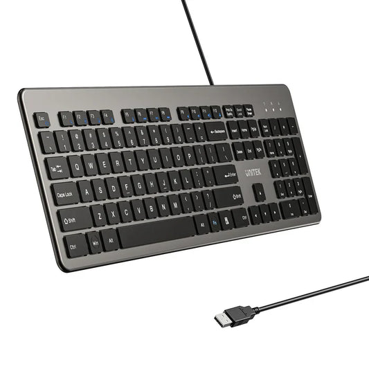 UNITEK SlimTap 104-Key Wired Keyboard | Ultra-Slim Full-Size Layout | Silent Typing | Ergonomic Raised Design | USB-A Connection | Space Gray