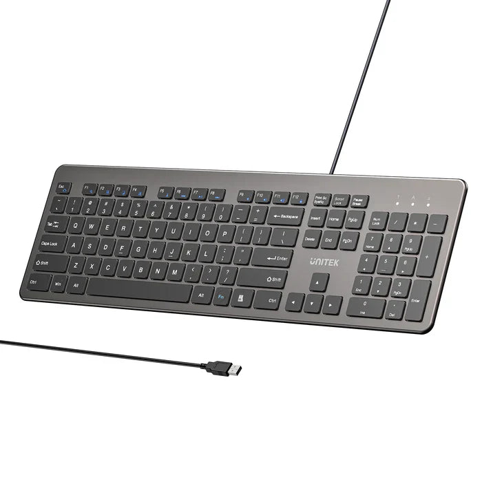 UNITEK SlimTap 104-Key Wired Keyboard | Ultra-Slim Full-Size Layout | Silent Typing | Ergonomic Raised Design | USB-A Connection | Space Gray