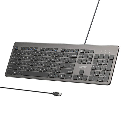 UNITEK SlimTap 104-Key Wired Keyboard | Ultra-Slim Full-Size Layout | Silent Typing | Ergonomic Raised Design | USB-A Connection | Space Gray
