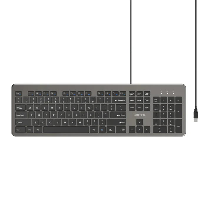 UNITEK SlimTap 104-Key Wired Keyboard | Ultra-Slim Full-Size Layout | Silent Typing | Ergonomic Raised Design | USB-A Connection | Space Gray
