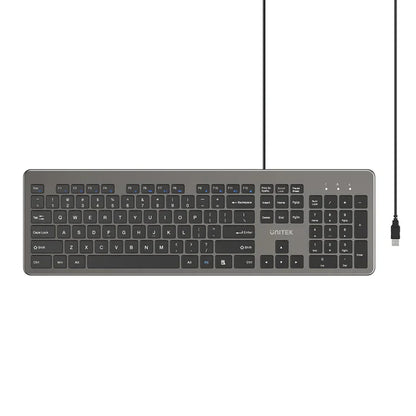 UNITEK SlimTap 104-Key Wired Keyboard | Ultra-Slim Full-Size Layout | Silent Typing | Ergonomic Raised Design | USB-A Connection | Space Gray