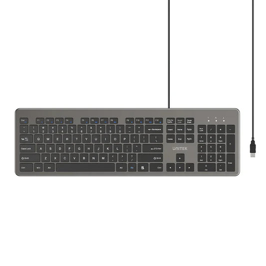 UNITEK SlimTap 104-Key Wired Keyboard | Ultra-Slim Full-Size Layout | Silent Typing | Ergonomic Raised Design | USB-A Connection | Space Gray