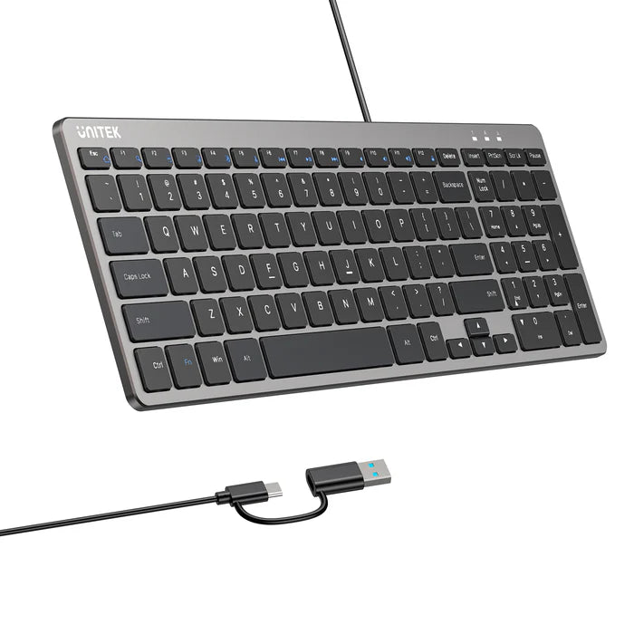 UNITEK Ultra Light Wired Keyboard | 99 Silent Keys | Low Profile Ergonomic Design | Plug and Play USB-C Keyboard with USB-A Adapter for Home | Office and Business Use